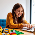 **Prompt:** A cozy, creative studio setting where a person (blogger) is passionately sharing a personal story about building a complex LEGO set. The scene is filled with vibrant LEGO bricks, a partially built model, and warm, inviting light. Around the blogger, ethereal or subtly overlaid diverse faces represent an engaged online community, nodding and smiling, emphasizing emotional connection, authenticity, and shared passion. A laptop screen shows a blog interface with text, highlighting the human touch in content creation.