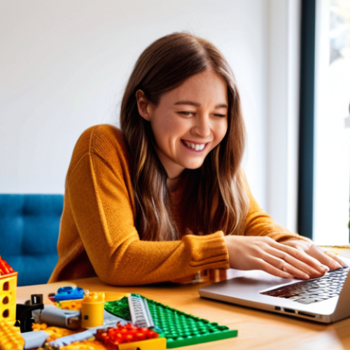 Home 7 **Prompt:** A cozy, creative studio setting where a person (blogger) is passionately sharing a personal story about building a complex LEGO set. The scene is filled with vibrant LEGO bricks, a partially built model, and warm, inviting light. Around the blogger, ethereal or subtly overlaid diverse faces represent an engaged online community, nodding and smiling, emphasizing emotional connection, authenticity, and shared passion. A laptop screen shows a blog interface with text, highlighting the human touch in content creation.