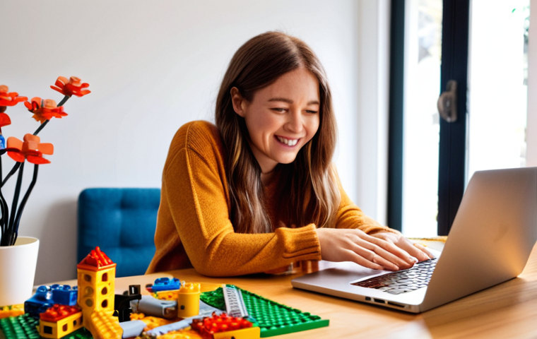 **Prompt:** A cozy, creative studio setting where a person (blogger) is passionately sharing a personal story about building a complex LEGO set. The scene is filled with vibrant LEGO bricks, a partially built model, and warm, inviting light. Around the blogger, ethereal or subtly overlaid diverse faces represent an engaged online community, nodding and smiling, emphasizing emotional connection, authenticity, and shared passion. A laptop screen shows a blog interface with text, highlighting the human touch in content creation.