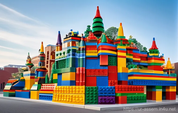 레고 구조물 만들기 팁 - **"A close-up, highly detailed photograph of a large, unfinished LEGO architectural model, depicting...