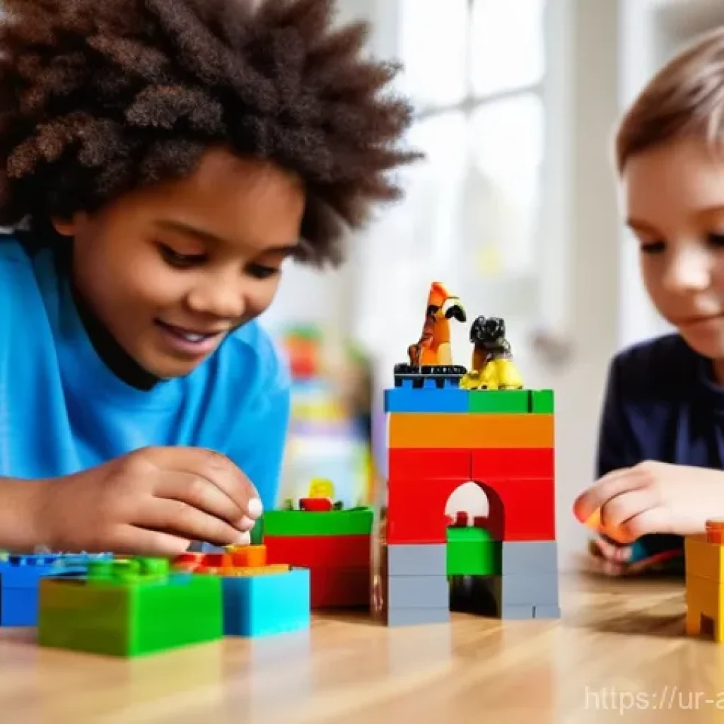 레고 동물 피규어 추천 - **Prompt:** A vibrant, close-up shot of a diverse group of children, aged 6-10, intensely focused an...