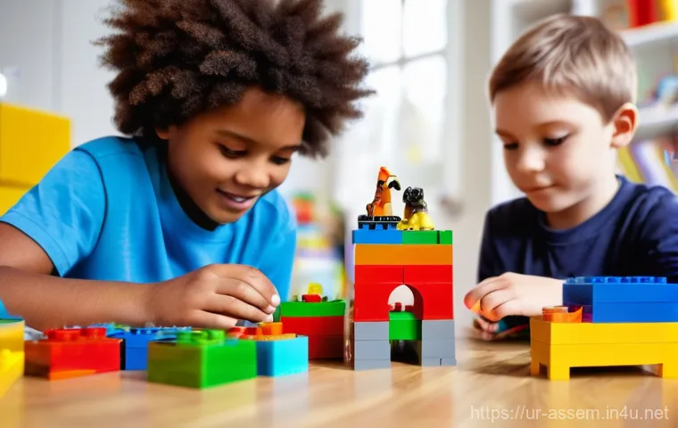 레고 동물 피규어 추천 - **Prompt:** A vibrant, close-up shot of a diverse group of children, aged 6-10, intensely focused an...