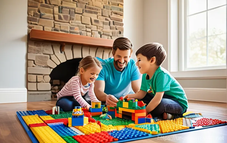 레고의 교육적 가치를 높이는 법 - **Prompt 1: Imaginative Family Castle Building**
A vibrant, wide-angle shot of a diverse family ...