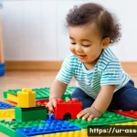 Home 17 레고 구매 가이드와 추천 앱 - A joyful 3-year-old child, wearing a clean, colorful diaper and a cheerful short-sleeved top, is sit...
