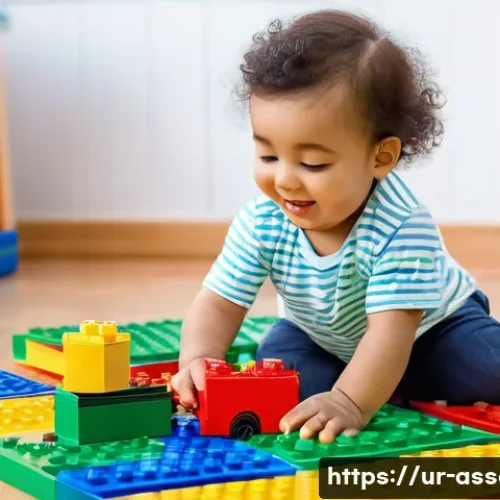 Home 29 레고 구매 가이드와 추천 앱 - A joyful 3-year-old child, wearing a clean, colorful diaper and a cheerful short-sleeved top, is sit...