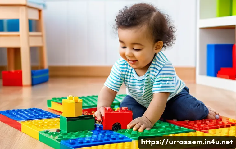 레고 구매 가이드와 추천 앱 - A joyful 3-year-old child, wearing a clean, colorful diaper and a cheerful short-sleeved top, is sit...