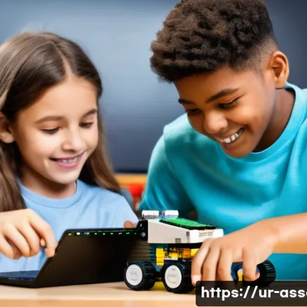 레고 코딩 프로그램 설치 가이드 - **Prompt:** A vibrant, well-lit scene featuring a diverse group of three children (ages 10-14, dress...