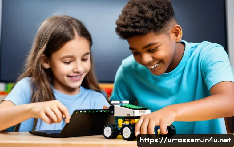 레고 코딩 프로그램 설치 가이드 - **Prompt:** A vibrant, well-lit scene featuring a diverse group of three children (ages 10-14, dress...